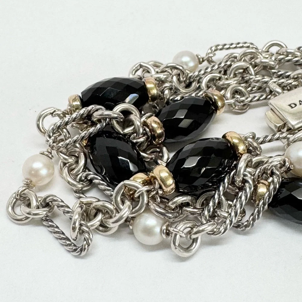 David Yurman Four Strand Figaro Black Onyx & Pearl Beaded .925 18K Gold Bracelet